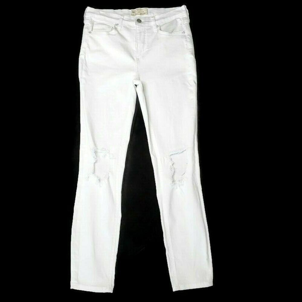 Free People High Rise Distressed Slim Straight Leg Ankle Jeans 28 R White
